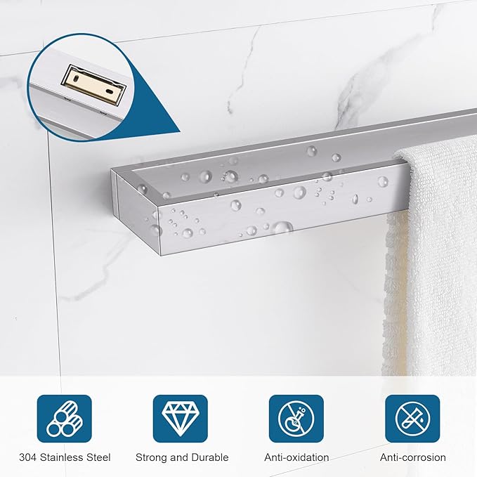 TNOMS Single Towel Bar Towel Holder Bathroom Hardware Accessories,Stainless Steel Wall-Mounted Towel Rack Towel Rail,24 Inches Brushed Nickel