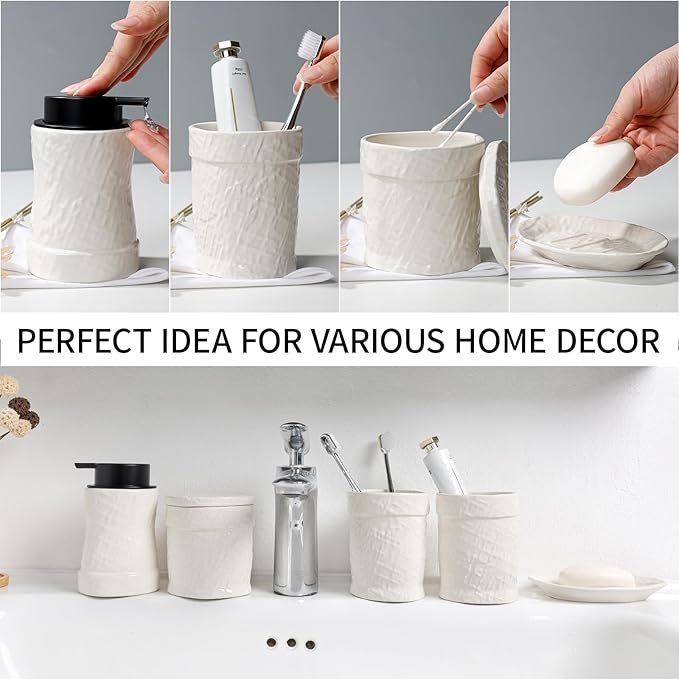 White Bathroom Accessory Set 5PCS, Ceramic Bathroom Accessories Set, Minimalist Textured Design Liquid Soap Dispenser Set Complete, Home Bathroom Decor Vanity Countertop, ANTIS'S HOME