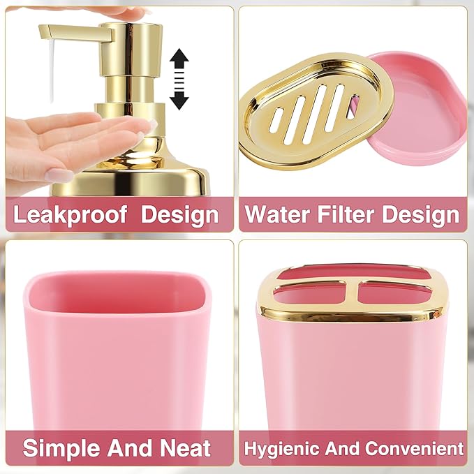 XLHOMO Pink Bathroom Accessories Set 8 Piece Pink and Gold Bathroom Set, Bathroom Sets with Stainless Steel Trash Can,Toilet Brush,Toothbrush Set,Soap Dispenser