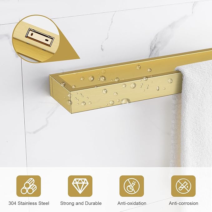 TNOMS Single Towel Bar Towel Holder Bathroom Hardware Accessories,Stainless Steel Wall-Mounted Towel Rack Towel Rail,24 Inches Brushed Gold