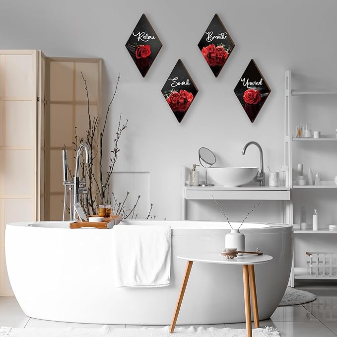 ONIZHITY Set of 4 Red Bathroom Decor Rose Wooden Wall Decor Flower Rustic Romantic Floral Farmhouse Wall Decor Modern Breathe Soak Unwind Relax Signs Red Decor for Room Kitchen Bathroom (12 x 7)