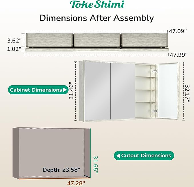 TokeShimi 48 x 32 Mirrored Medicine Cabinets for Bathroom, Assembly Required, Brushed Nickel Recessed Medicine Cabinet with Mirror, Aluminum Frame, Stepless Adjustable Shelves, Tempered Glass