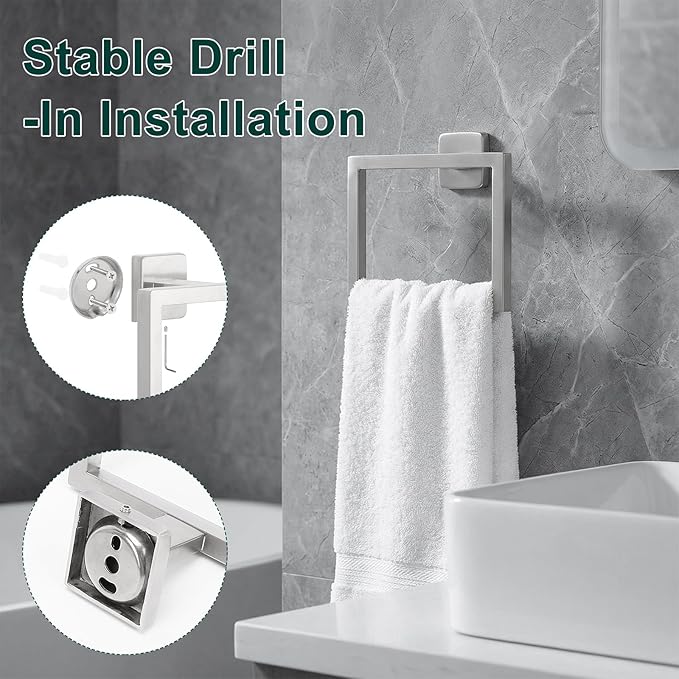 Bath Towel Ring, Square SUS304 Stainless Steel Hand Towel Holder for Bathroom Wall Mounted, Modern Towel Hanger for Bath, Kitchen, Brushed Nickel