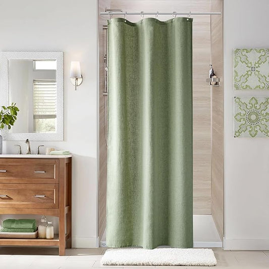 Naturoom 36 Inch Shower Curtain - Stall Narrow Half Green Linen Ultra Thick Fabric Shower Curtain Set with Hooks, Boho Farmhouse Rustic RV Camper Bath Curtains for Bathroom, Sage Green, 36 x 72
