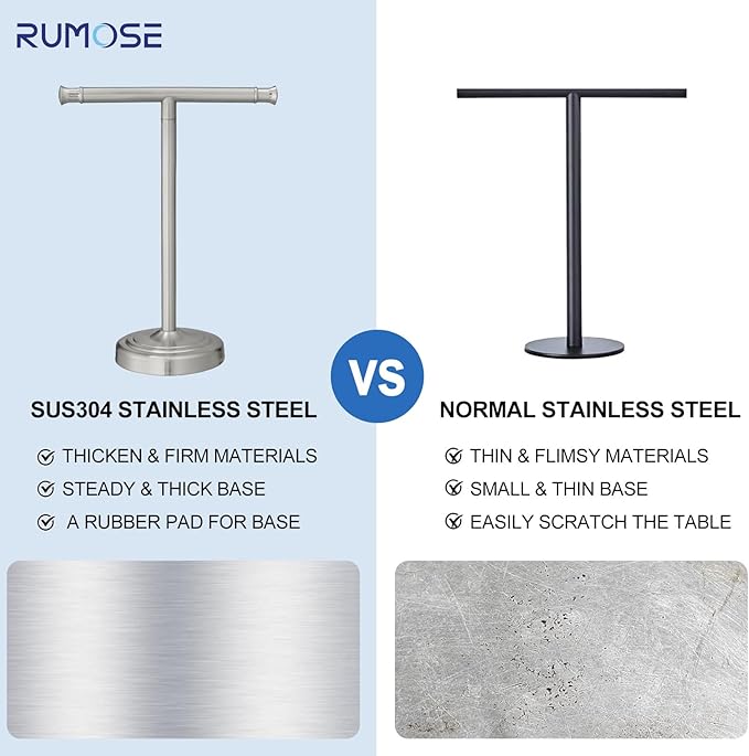 RUMOSE 13 Inch Brushed Nickel Towel Stand Hand Towel Holder Bathroom Kitchen Vanity Countertop T-Shape Towel Rack Free Standing Stainless Steel Towel Bar Towel Ring