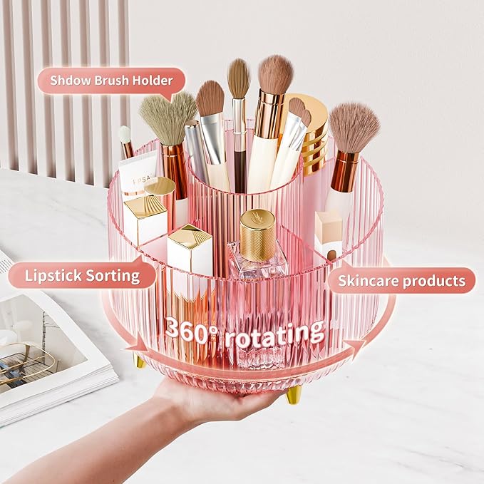 Clear Rotating Makeup Organizer Countertop for Vanity, 360?? Makeup Brush Holder Organizer with 5 Compartments, Transparent Cosmetic Storage for Lipstick, Skincare, Bathroom Counter (Transparent Pink)