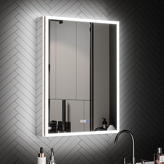 ExBrite 24 x 32 Lighted Medicine Cabinet with Mirror, Front&Backlit led Medicine Cabinet,Defog,5X Magnifier,3 Colors Temper Dimmable,Surface or Recessed Mount,Hinge on the Left