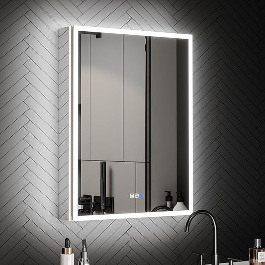 ExBrite 24 x 32 Lighted Medicine Cabinet with Mirror, Front&Backlit led Medicine Cabinet,Defog,5X Magnifier,3 Colors Temper Dimmable,Surface or Recessed Mount,Hinge on the Left