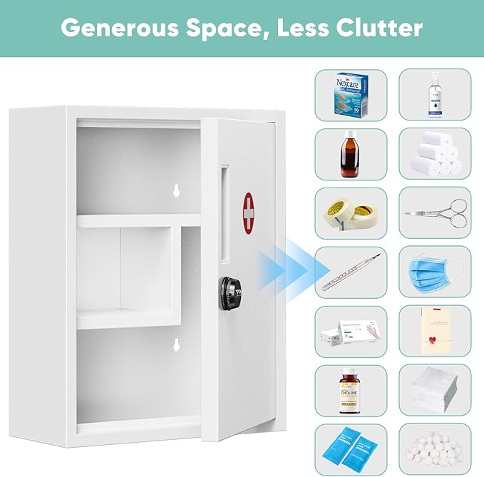 POKIPO Wall Mount Locking Medicine Cabinet, Empty Metal Medicine Storage Box with All-Metal Digit Lock, Bathroom Cabinet Organizer Over the Toilet, Keyless First Aid Box for Home School Business