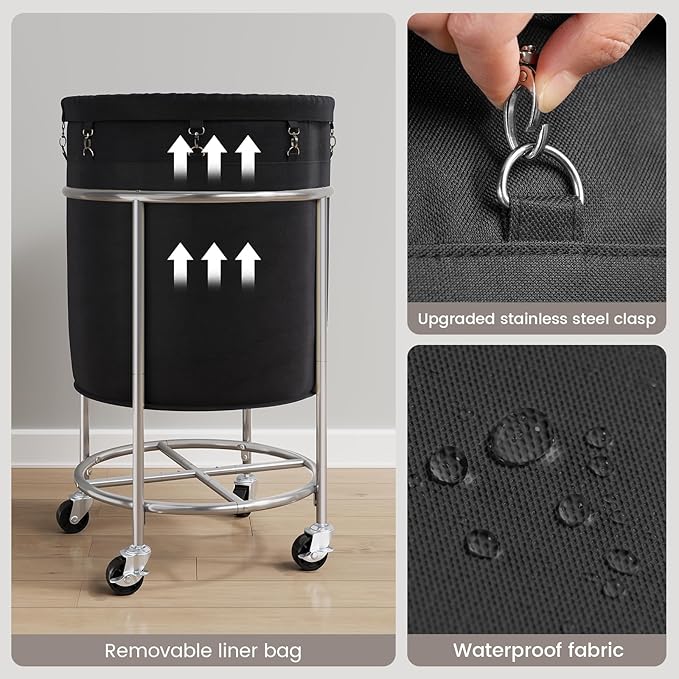 ELYKEN 190L Laundry Basket with Wheels, Large Rolling Laundry Hamper with Removable Liner Bag, Round Rolling Laundry Cart, Dirty Clothes Hamper for Hotel, Home, Closet, Dorm, Black