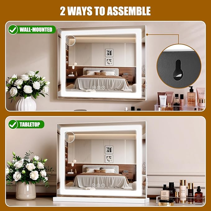 Vanity Mirror with Lights 23"x19", LED Makeup Mirror, 3 Color Lighting Modes, 10X Magnification, Smart Touch Control, Dimmable, Aluminum Metal Frame, Lighted Up for Vanity Desk (White)