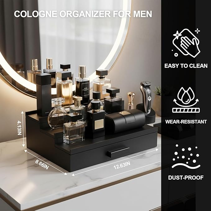 Cologne Organizer for Men,Wood Nightstand Organizer with Drawer and Hidden Compartments, Cologne Stand,Dresser Drawer Organizers,Organizador de Perfumes,Perfume Stand Organizer for Bedroom,Black