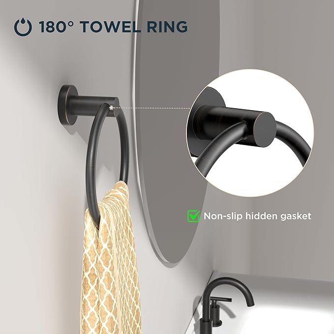 FORIOUS Towel Ring, SUS304 Stainless Steel Modern Hand Towel Holder Rack Hanger Round for Bathroom Wall Mounted, Ideal for Bath, Kitchen, RV, Oil Rubbed Bronze