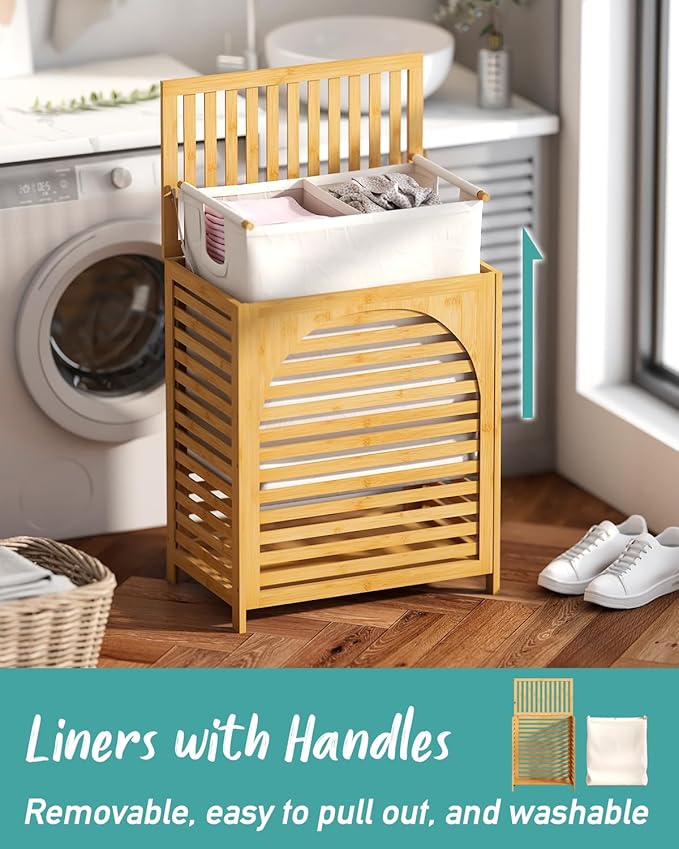 Laundry Hamper with Lid, 27.3 Gallon (103L) Bamboo Wood Clothes Laundry Basket with Lid and Handles, Removable Liner