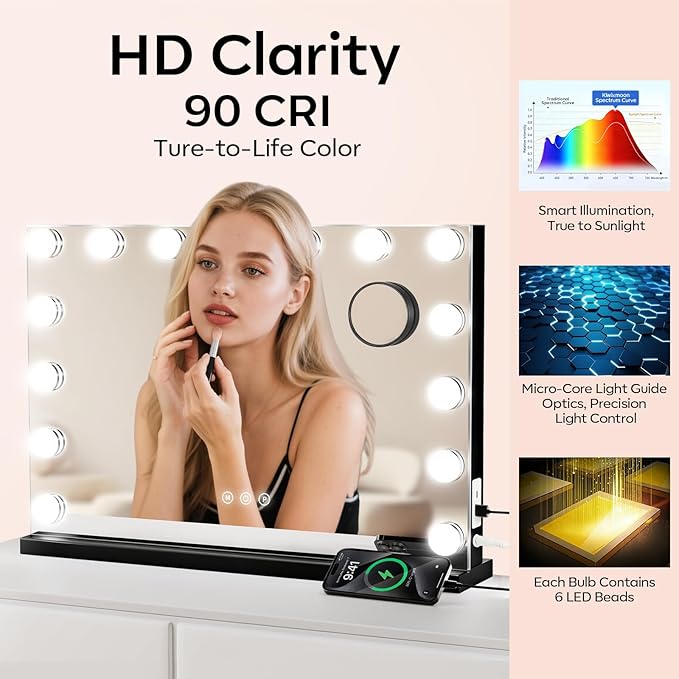 Hollywood Vanity Mirror with Lights, Makeup Mirror with 15 Dimmable Bulbs, 3 Color Lights, Touch Control, 10X Magnifier, USB/Type-C Charging, Metal, Gifts for Women, Black (23" W x 18" H)