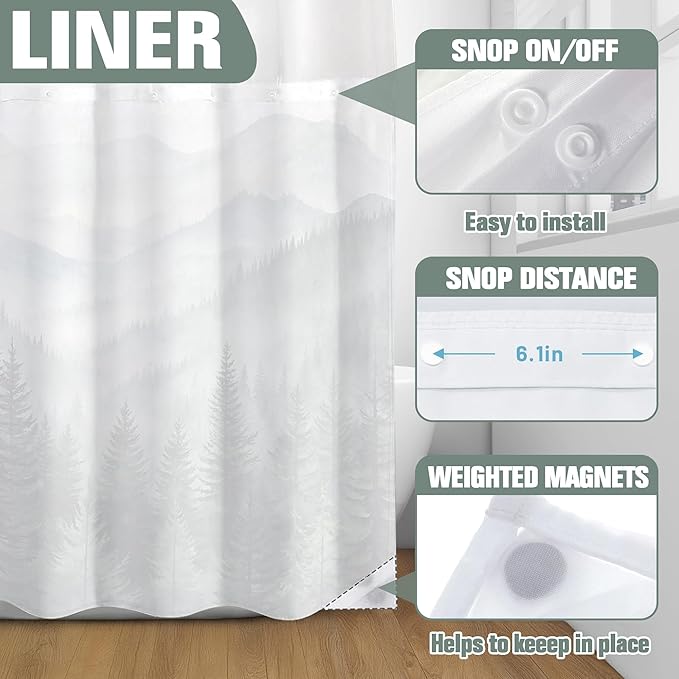 Accnicc No Hook Shower Curtain with Snap in Liner Forest Mountain Shower Curtains for Bathroom Dark Green Nature Misty Pine Tree Foggy Rustic Woodland Waterproof Fabric Bath Curtain Decor 71×74In