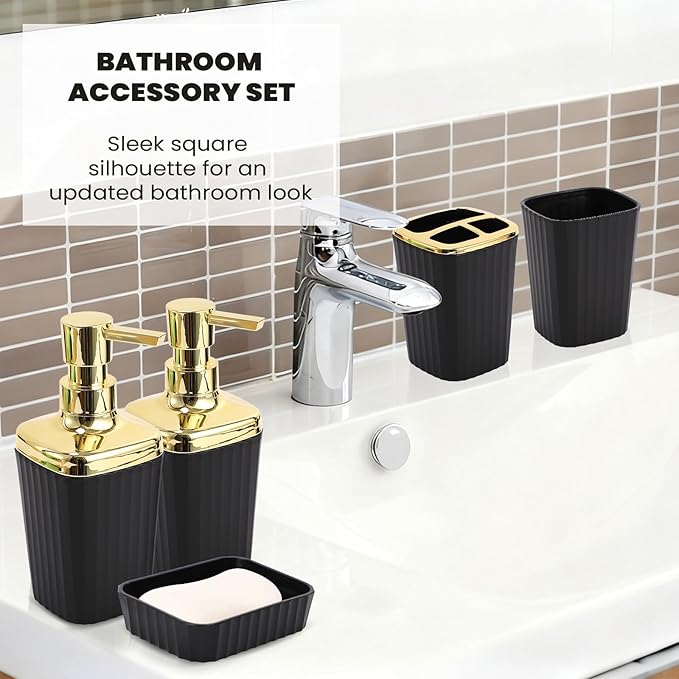 XLHOMO Black and Gold Bathroom Accessories Set - 9 Piece Complete Organization Kit with Slim Pop-up Trash Can, Toilet Brush, Lotion Dispensers, Jars & Soap Dish - Modern Matte Stripe Bathroom Decor