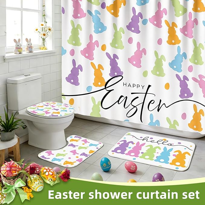 Easter Shower Curtain Set for Bathroom, Easter Bunnys Shape Bathroom Supplies for Bunny Accessories Decor Set, Non Slip Rugs Toilet Lid Cover U Shape Bath Mat and 12 Hooks