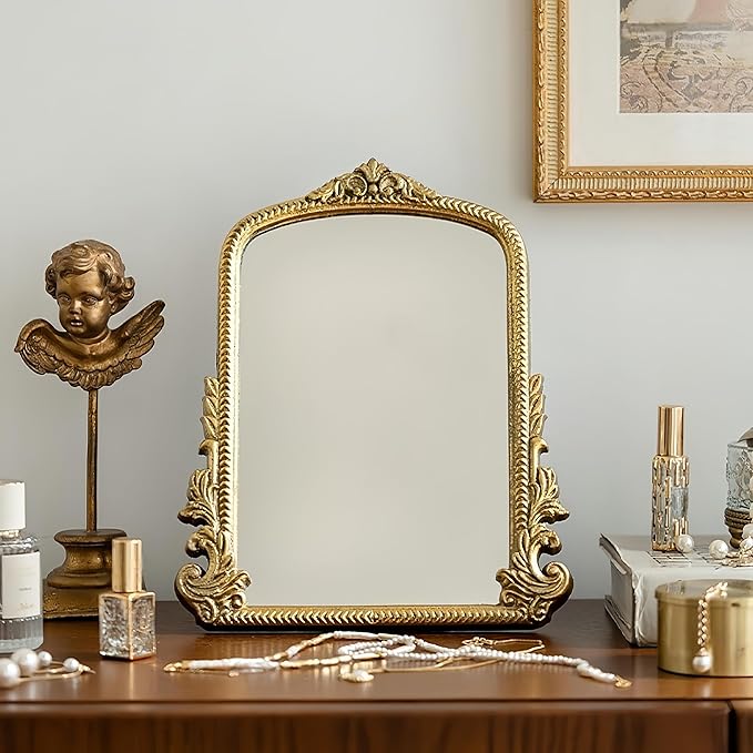 TenFuju Champagne Gold Vintage Baroque Vanity Mirror, Small Arched Tabletop Makeup Mirror, Free Standing Mirror for Dresser, Bedroom, Living Room, 11.8" x 9.6"