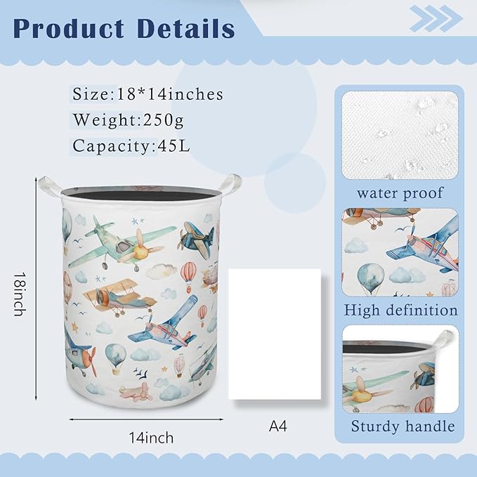 Baby Airplanes Laundry Basket Hamper, Space Kids Nursery Decor, Hot Air Balloon Foldable Clothes Toys Books Storage Box Bins Baskets Organizer for Kids Boys Bedroom Playroom Bathroom