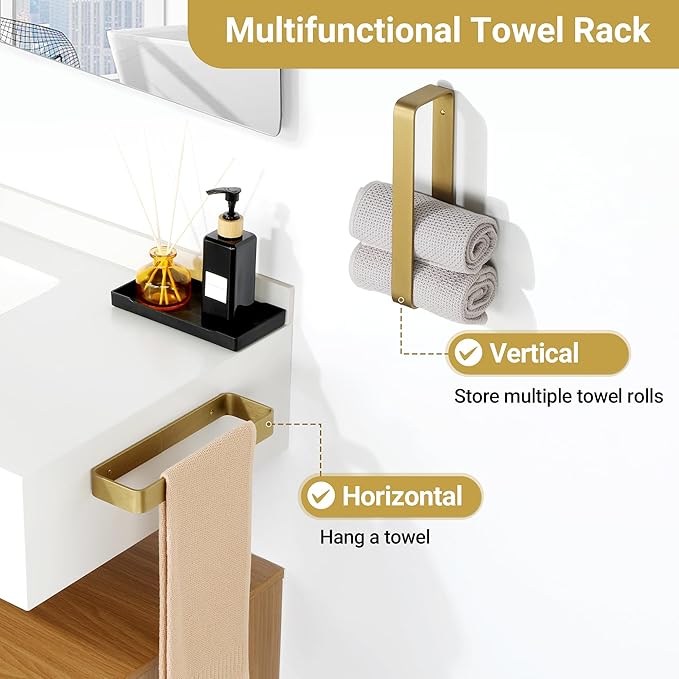 SAYAYO Brushed Gold Hand Towel Holder for Bathroom Wall, 10 Inch Self Adhesive Towel Bar Hand Towel Rack Square Heavy Duty
