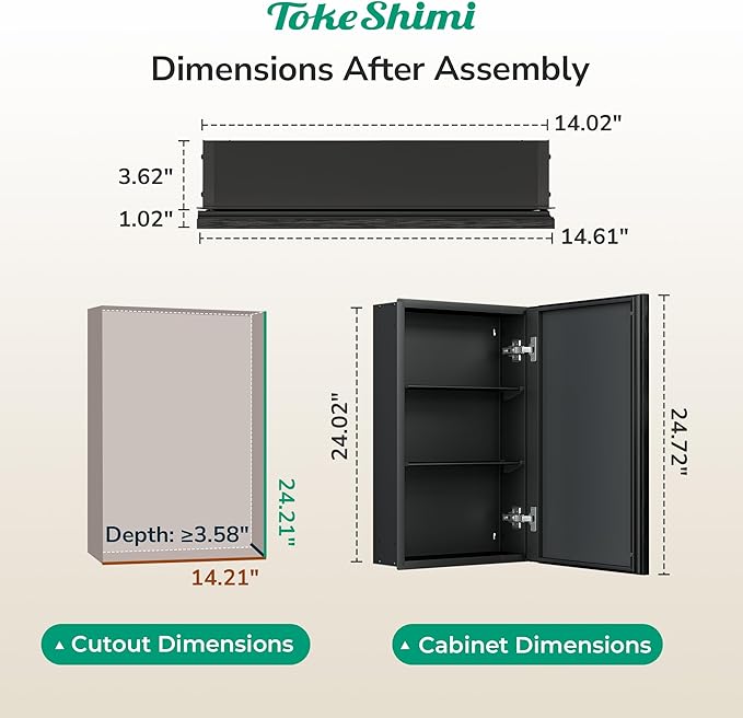 TokeShimi 14 x 24 Recessed Medicine Cabinet with Mirror, Assembly Required, Black Medicine Cabinet for Bathroom, Stepless Adjustable Shelves, Beveled Aluminum Frame, DTC Hinge