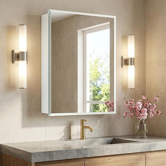 22x30 inch Frameless Beveled Mirror Medicine Cabinet - Waterproof Bathroom Storage Cabinet, Mirror Cabinet, Adjustable Shelves, Recessed or Surface Mount (White)