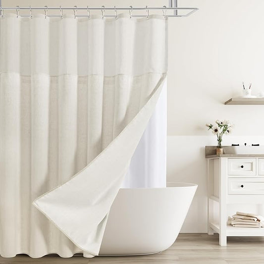 Naturoom Extra Long Shower Curtains 96 Length Natural Linen Fabric Shower Curtain with Snap in Liner Set Tall Bath Curtain with See Through Top Window and Hooks Country Farmhouse Style,Cream,72x96