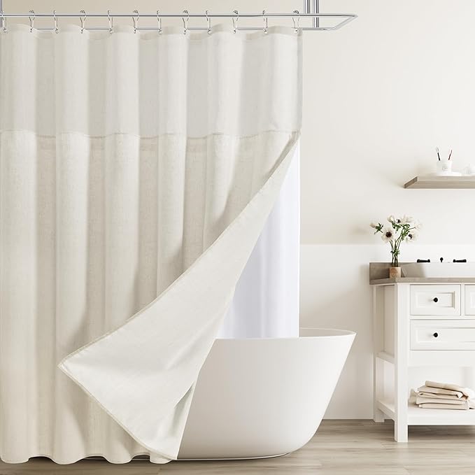 Naturoom Extra Long Shower Curtains 90 Length Natural Linen Fabric Shower Curtain with Snap in Liner Set Tall Bath Curtain with See Through Top Window and Hooks Country Farmhouse Style,Cream,72x90