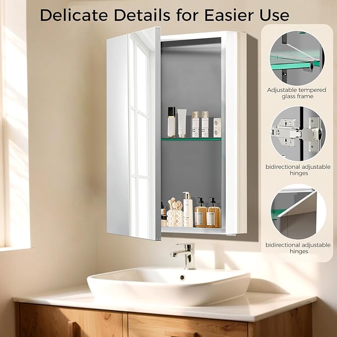 14 x 18 Inch Bathroom Medicine Cabinet with Mirror, Medicine Cabinet Mirror, Bathroom Mirror with Storage with One Adjustable Shelf, Assembly Required, Support Recessed or Surface Mount