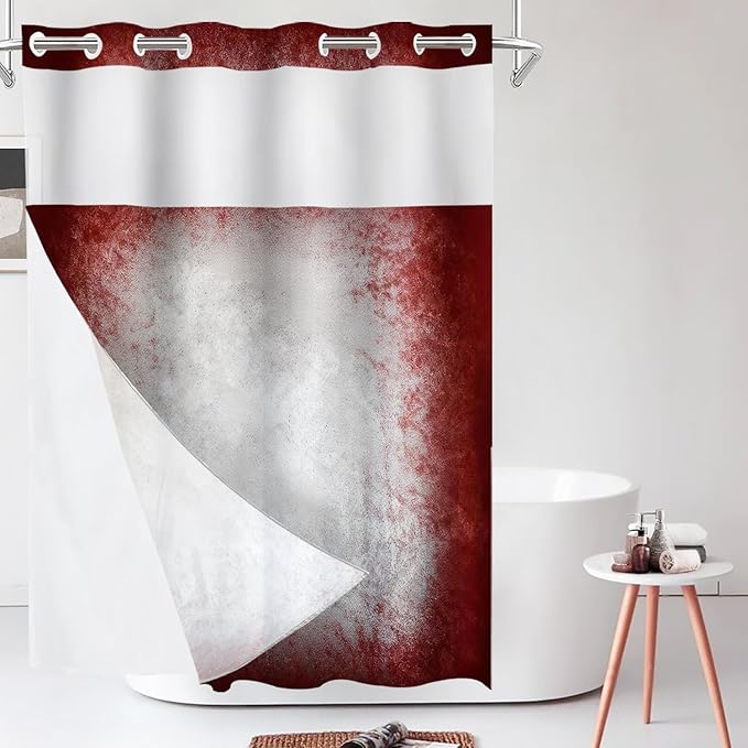 Shrahala Grey Abstract Tie Dye No Hooks Shower Curtain with Snap in Liner Set, Dark Red Modern Abstract Art Maroon Bathroom Décor Polyester Fiber Waterproof for Stall Bathtubs 54 X 80 in
