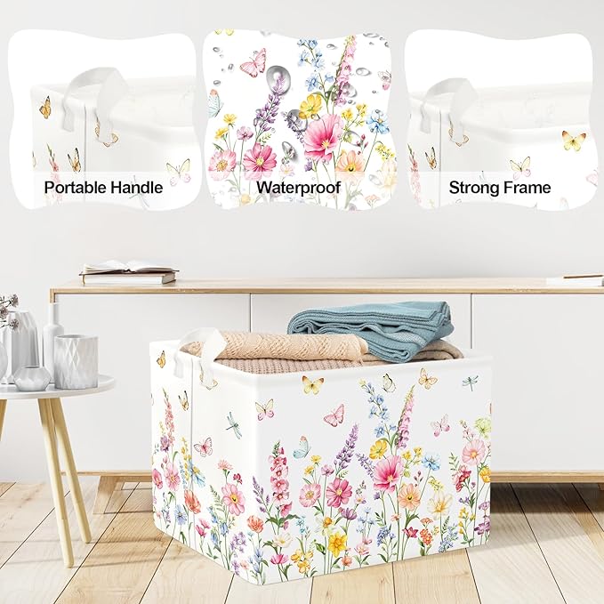 Clastyle Wildflower Baby Laundry Hamper Collapsible Clothes Kids Storage Basket Waterproof Women Girls Toy Box for Nursery Room,Butterflies,40 * 30 * 30 cm