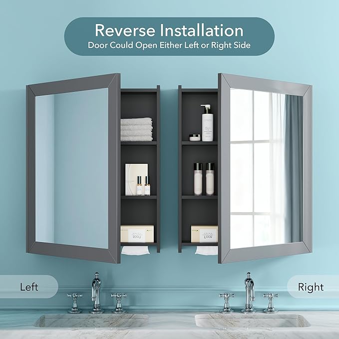 VANIRROR Bathroom Cabinet - Large Single Door 24x30 inchs Wall Cabinet Mirror Medicine Cabinet with Facial Tissues Slot and Multifunctional Storage Area