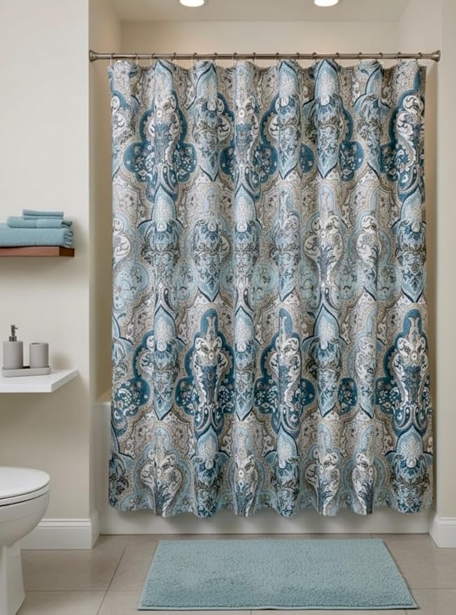 Serafina Home Decorative Blue & Brown Boho Fabric Shower Curtain, Modern Farmhouse for Vintage Rustic Bathroom Decor, Floral Victorian, 72 x 72