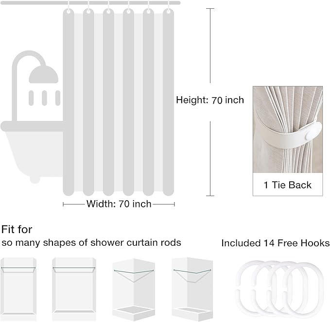 Jubilantex Folding Linen Shower Curtain for Bathroom Khaki Waterproof Shower Curtain 1 Panel with 14 Metal Grommets and 1 Tie Back for Hotel,70"x70"