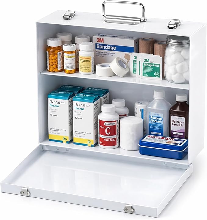 Zonon 1 Pcs Industrial Empty Medicine Cabinet 15" W x 10-1/4" H x 4-1/2" D, Large Capacity Metal First Aid Cabinet with Fold Down Door, 2 Shelves Medicine Organizer for Medication for Bathroom, White
