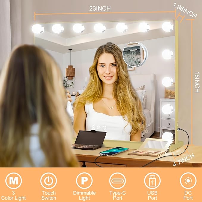 Moonee Gold Vanity Mirror with Lights, Hollywood Lighted Makeup Mirror with 15 Dimmable Bulbs and 10X Magnification, 3 Colors Modes, Aluminum Metal Frame, Light Up Mirror for Tabletop/Wall（23" x 18"）