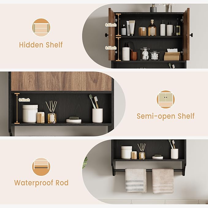 Bathroom Wall Cabinets, Medicine Cabinet with Open Partition and Towel Bar for Bathroom, Living Room, Kitchen, Black & Walnut
