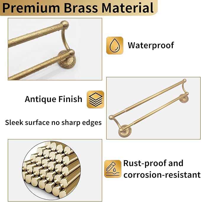Double Towel Bar, Antique Brass Bathroom Towel Racks Wall Mounted, Adjustable Gold Towel Bar Fits 14-25 Inch Centers, Heavy Duty Rustproof Brass Towel Rod Holder for Bath
