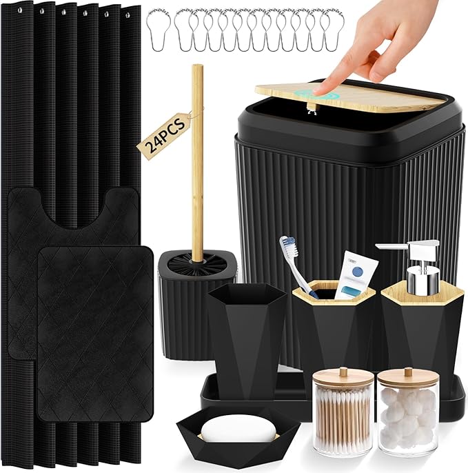 Bathroom Accessories Set - Black Bathroom Set with Shower Curtain and Rugs, Trash Can, Toilet Brush with Holder, Soap Dispenser, Toothbrush and Toothpaste Holder, Cup, Soap Dish, Qtip Holders, Tray