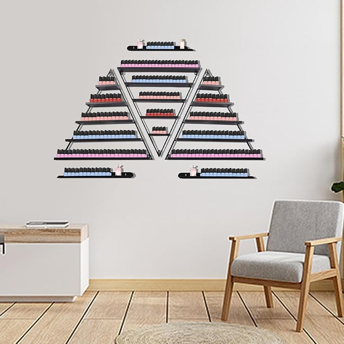 Metal Wall-Mounted Nail Polish Storage Racks,5 Tiers Triangular Nail Polish Organizer Wall,Cosmetic Display Perfume Holder Lipstick Wall Shelf for Nail Salon Shop Home (Black)