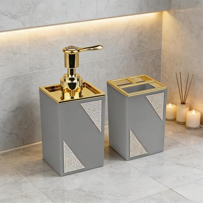 Bathroom Accessories Set, Square 2-Piece Gray Soap Dispenser & Toothbrush Holder with Sparkling Inlaid Diamonds, Modern Geometric Vanity Set