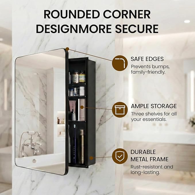 Medicine Cabinet with Mirror, 20x30 Inch Aluminum Bathroom Cabinet with Adjustable Shelves, Built-in Makeup Storage, Recessed or Surface Mount, Soft Close Hinges, Matte Black