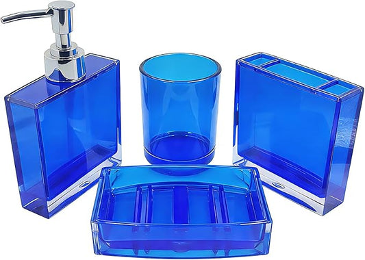 4-Piece Serene Blue Acrylic Bathroom Accessories Set — Soap Dispenser, Toothbrush Holder, Soap Dish & Mouthwash Cup, Vanity Countertop Organizer for Blue Coastal Bathroom Decor
