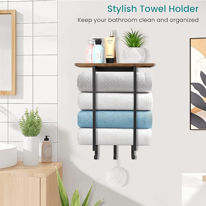 ELITEROO Towel Racks for Bathroom Wall Mounted, Towel Holder with Wooden Shelf and 3 Hooks for Washcloths Hand Towel, Bath Towel Storage Organizer for Small Bathroom, RV, Rustic Brown
