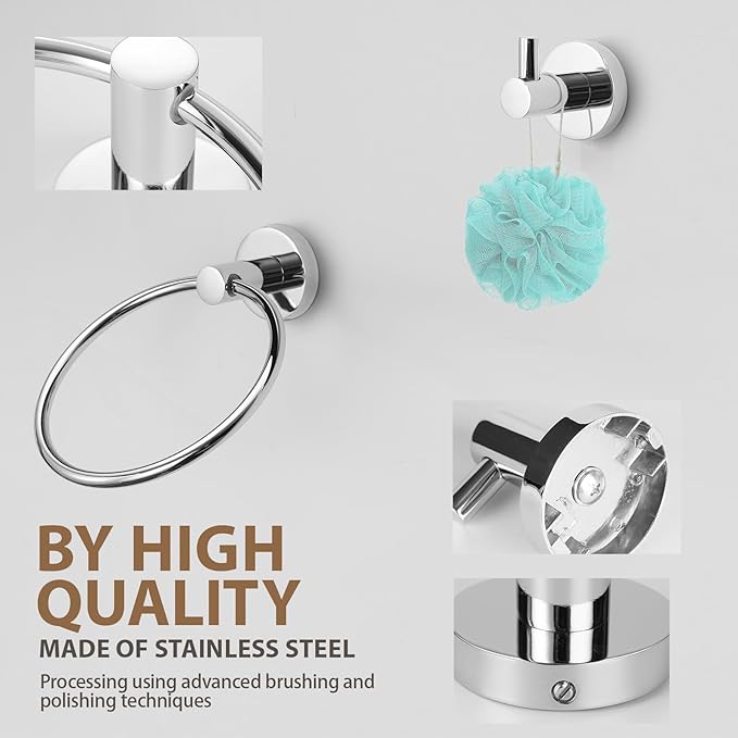 Bathroom Hardware Set 4 Piece – 24 Inch Towel Bar Set,Rustproof Stainless Steel Bathroom Accessories Kit with Towel Ring, Toilet Paper Holder & Robe Hook, Wall Mounted Bathroom Fixtures Set