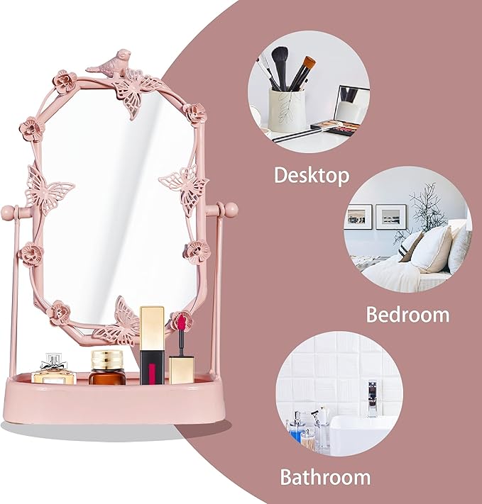 HSDDHOME Vintage Pink Gold Tabletop Makeup Mirror, Bird & Butterfly Decorative Vanity Mirror, 12.8” x 8.2” Retro Metal Standing Mirror for Dresser, Bedroom, and Bathroom (Pink)
