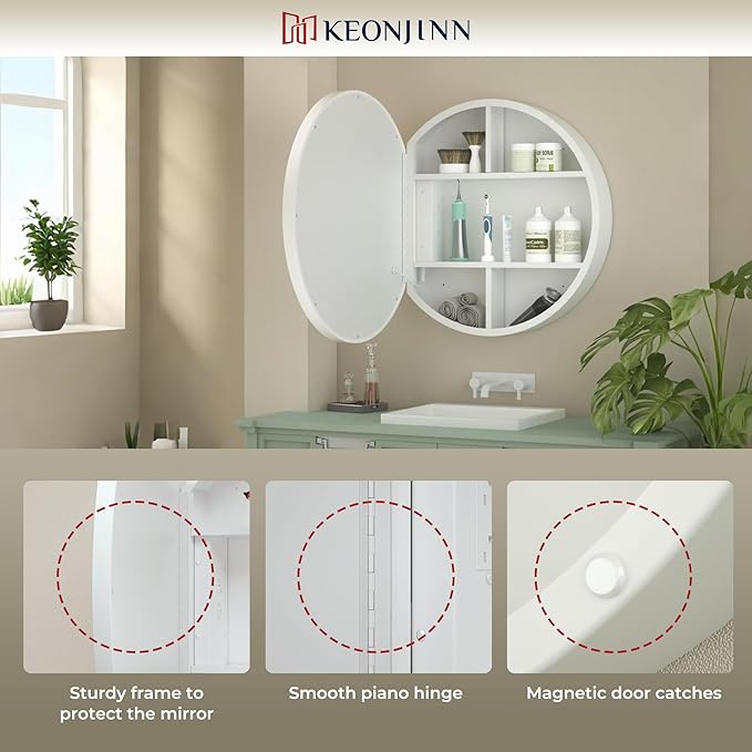 Keonjinn 30 Inch Round Lighted Medicine Cabinet, White LED Medicine Cabinet Mirror, Circle, Electrical Outlet, 3 Color Lights, Anti-Fog, Dimmable, Surface Mount Only