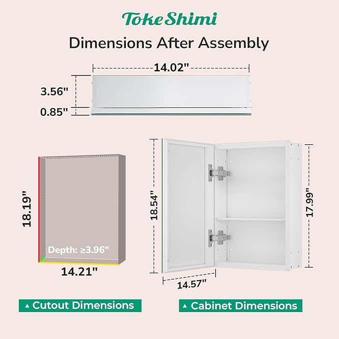 TokeShimi 14x18 Bathroom Medicine Cabinet, Tempered Mirror with Adjustable Storage Frameless White Farmhouse Medicine Cabinet Recessed