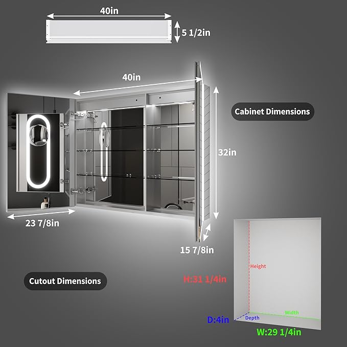 ExBrite 40 x 32 Lighted Medicine Cabinet with Mirror, Front&Backlit led Medicine Cabinet,Clock Temp Display,Defog,5X Magnifier,3 Colors Temper Dimmable,Surface or Recessed Mount,Door Wide Open